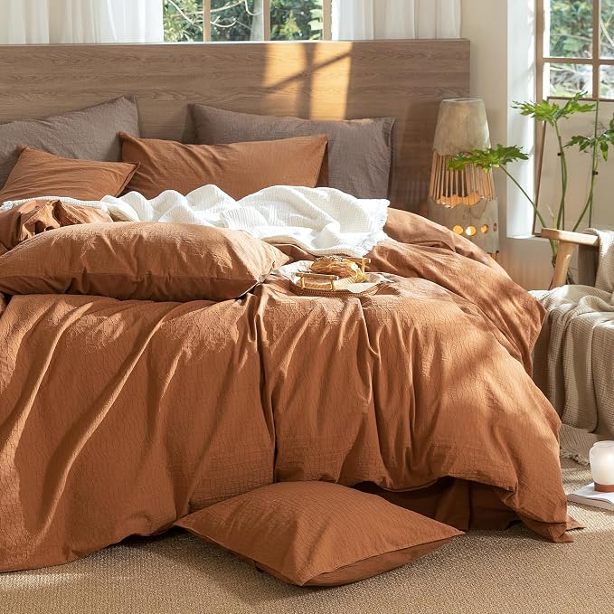 MooMee Wavy Striped Duvet Cover Set 100% Washed Cotton Linen Like Textured Breathable Durable Soft Comfy (Dark Orange, Palatial King/Oversized King 120"x98")