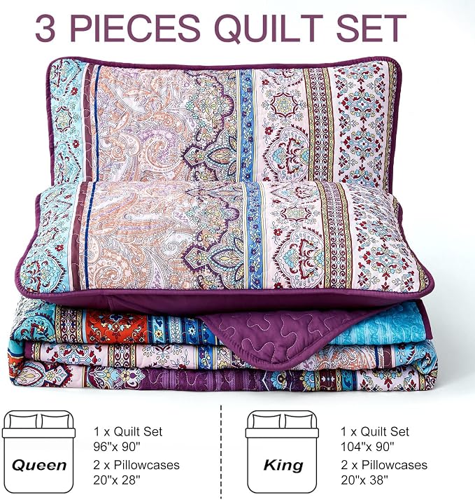WONGS BEDDING Purple Quilt Queen Size, Boho Stripe Bedding Set, 96"x90" | Lightweight Soft Bedspread Coverlet,Modern Style Bohemian Pattern Bed Cover for All Seasons,3 Piece(1 Quilt,2 Pillow Shams)