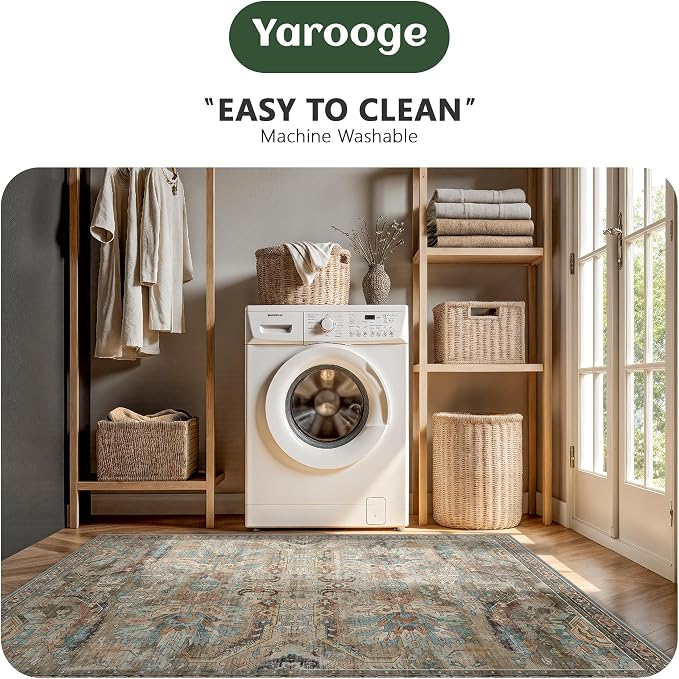 8x10 Area Rugs, Vintage Retro Soft Washable Rug, Non-Slip Low Pile Rugs for Living Room, Bedroom, Dining Room, Stain Resistant Home Decor Rug (Vintage Olive Green)