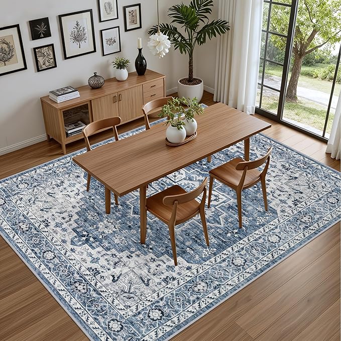 9x12 Area Rugs Living Room: Washable Vintage Rug for Bedroom Blue | Vintage No Slip Stain Resistant Rug Soft Indoor Decor Floor Floral Area Rugs for Dining Room, Nursery, Hallway, Home Office