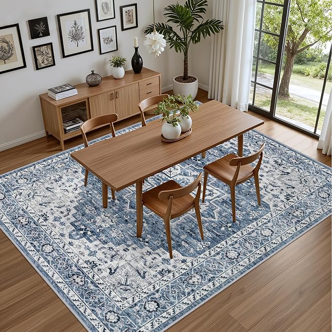 10x12 Area Rugs Living Room: Washable Boho Rug for Bedroom Blue | Vintage No Slip Stain Resistant Rug Soft Indoor Decor Floor Floral Area Rugs for Dining Room, Nursery, Hallway, Home Office