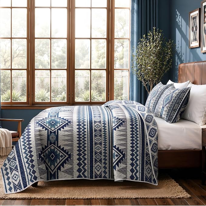 akkialla Reversible Blue Boho Twin Quilt Set, 2-Piece Bohemian Aztec Microfiber Bedspread, Soft Lightweight All-Season Coverlet (1 Quilt, 1 Sham)