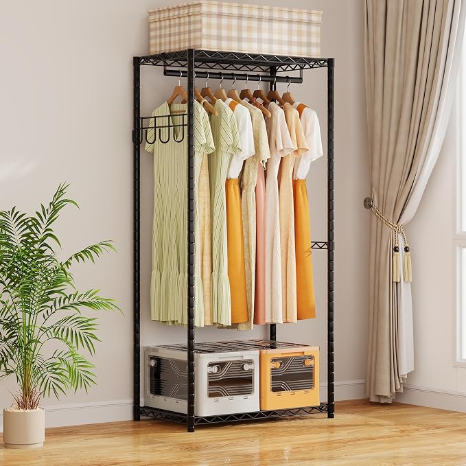 ecobedding Heavy Duty Garment Rack, 900LBS Max Load Freestanding Closet Organizer with 6 Storage Shelves & 3 Adjustable Hanging Rods, Multifunctional, Glossy Black, 15.75" D x 70-88.5" W x 76.5" H