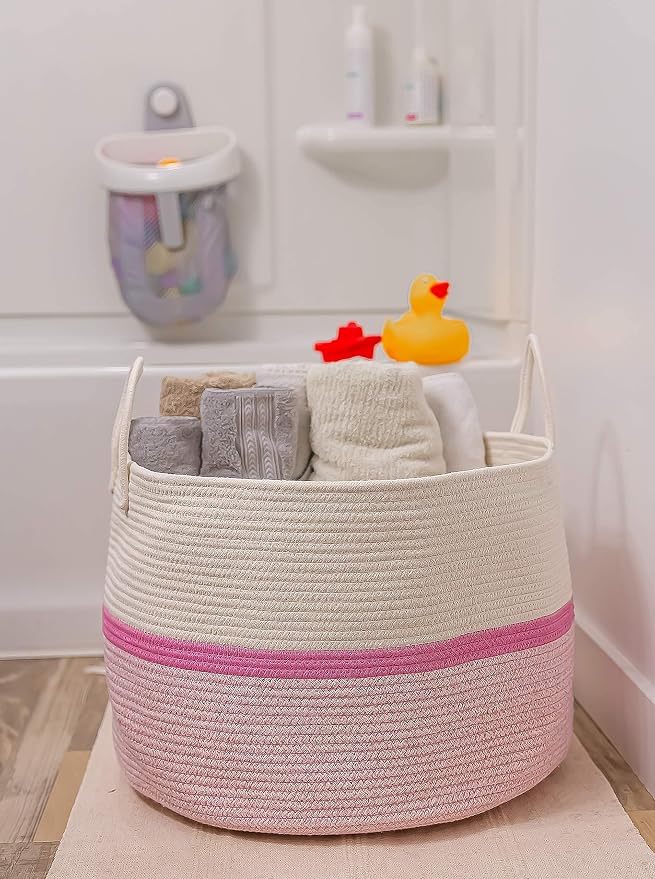 OrganiHaus Round Toy Basket & Blanket Basket, Cotton Rope 20x13" | Striped Pink - Round Cotton Rope Basket, 20x13"