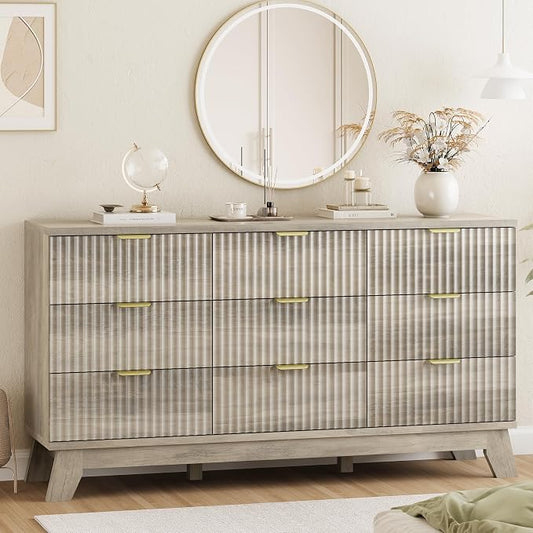 Xixini Fluted Dresser for Bedroom with 9 Drawers, 57" Wide Modern Chest of Drawers with Metal Handle, Wooden Dresser TV Stand, Wood Closet Clothes Storage Organizer for Living Room, Hallway, Grey