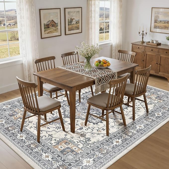 UERMEI 9x12 Area Rug Living Room Rugs - Washable Vintage Soft Large Rug Indoor Floor No Slip Rug Carpet for Bedroom Farmhouse Under Dining Table Home Office Decor - Grey-Orange