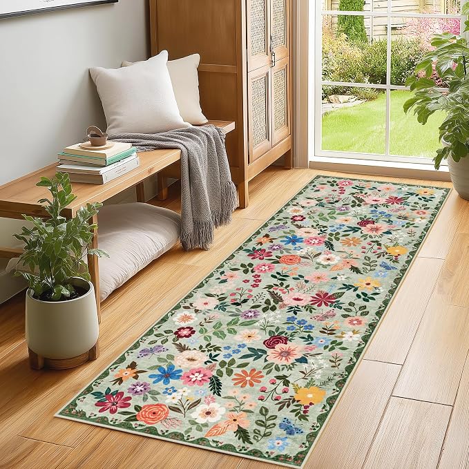 PLHXFR 2x6 Washable Runner Rug：Floral Indoor Kitchen Soft Carpet Green | For Hallway Bedroom Kitchen Laundry Bathroom Dorm,Vintage Floral,Machine washable,Non Slip,Stain Resistant,Indoor Floor