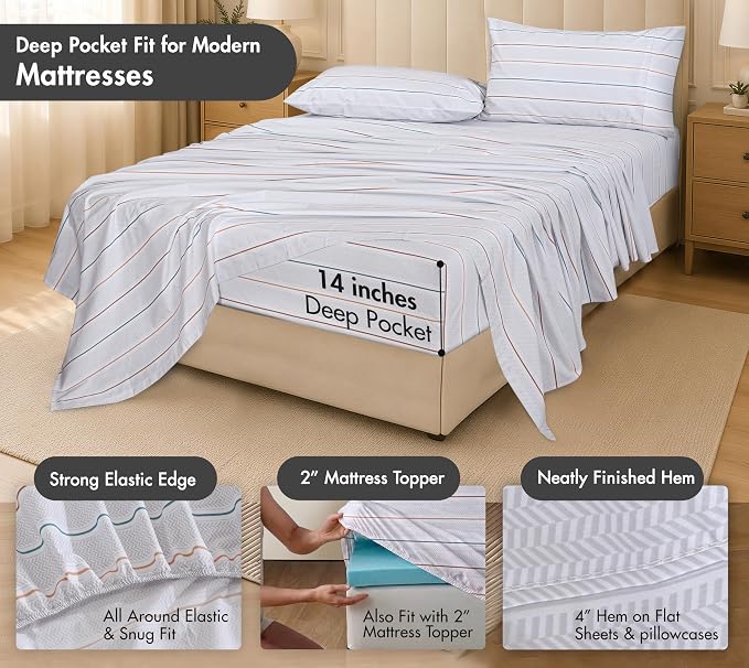 RUVANTI 100% Cotton Percale Sheets California King Chevron Twill Stripe | Crisp Cooling for Hot Sleepers, Deep Pocket 14", Soft Breathable & Durable, Hotel-Style 4 Piece Set