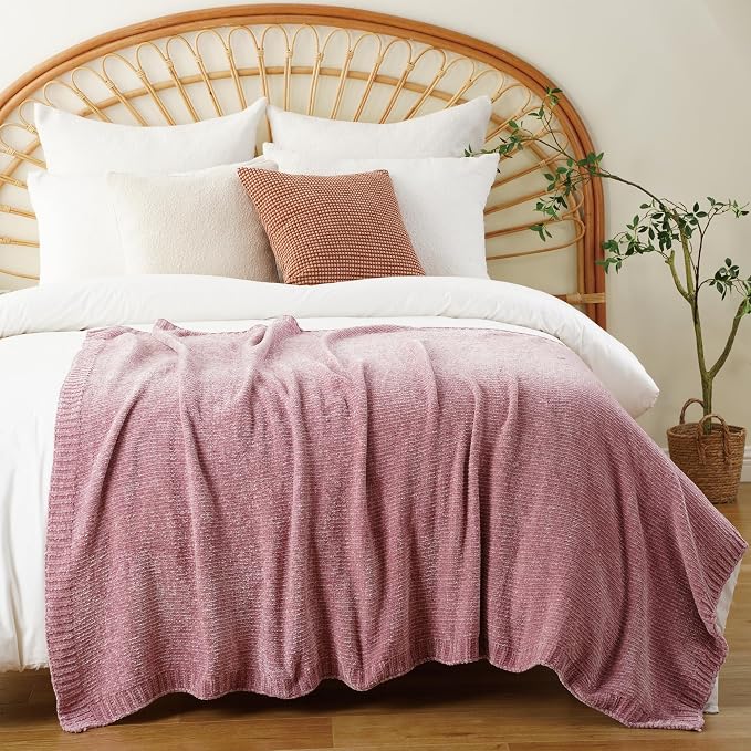 Pink Throw Blanket for Couch, Soft Chenille Throw Blanket 51"x67" | Shiny Chenille Blanket, Cozy Brethable Knit Throw Blanket for Bed Sofa Home Decor
