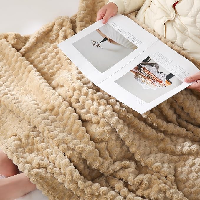 Puncuntex Beige Throw Blanket 60"×80" inches Fuzzy 3D Jacquard Decorative | Flannel Fleece Super Soft Plush Cozy Blanket for Couch Sofa Chair Lightweight