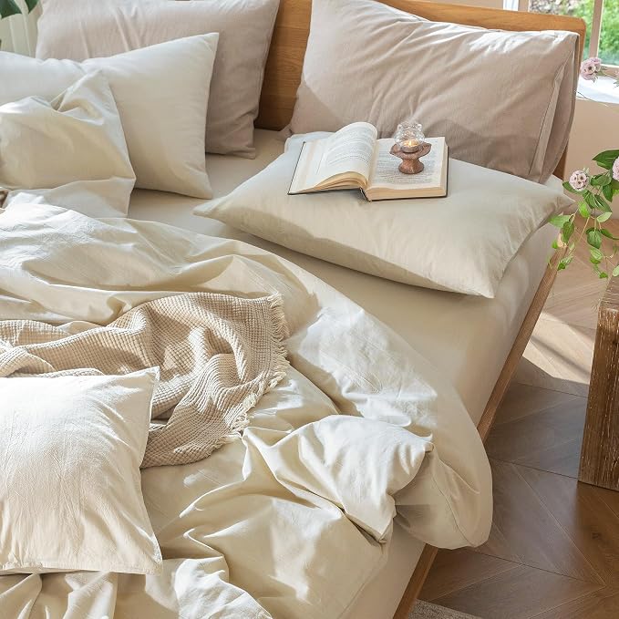 MooMee Duvet Cover Set 100% Washed Cotton Linen Like Twin | Relaxed Linen-like Texture. Soft, Breathable & Long-lasting Comfort. Lightweight. Hidden Zipper with 8 Interior Corner Ties