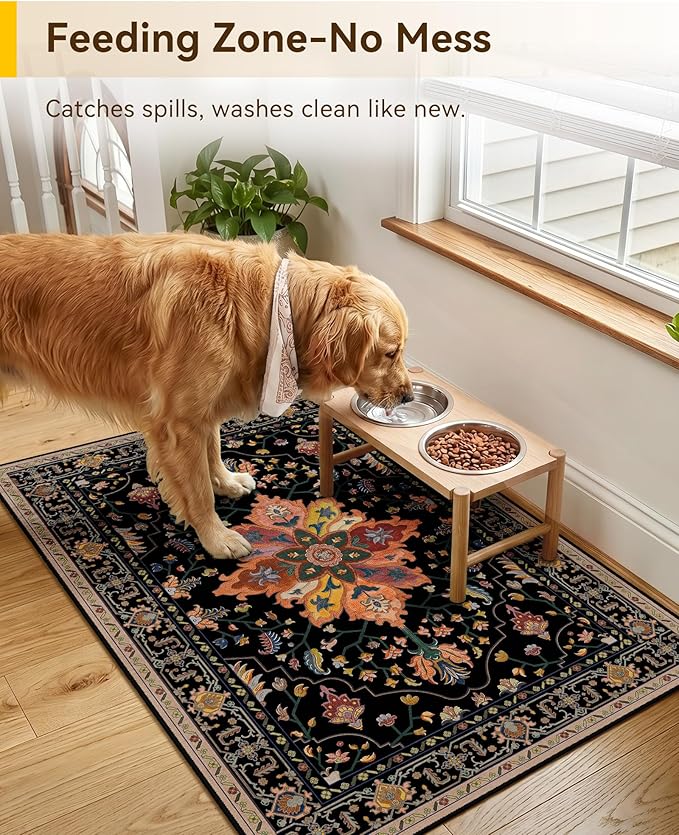 RELEANY Washable Area Rug, Small 2'x3', Black/Colorful | Non-Slip, Water Repellent, Pet Friendly, Easy to Clean, Vintage Floral Boho Decor for Kitchen Entryway Bathroom