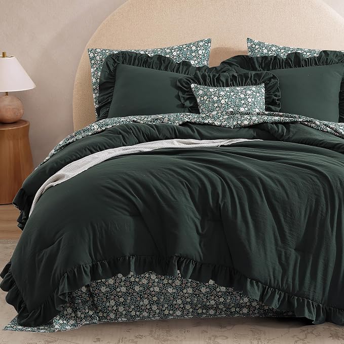 Full Size Comforter Sets-7 Pieces Ruffle Bedding Floral Sheet | Green Bed in a Bag, Soft Lightweight All Season Farmhouse Full Size Bedding Sets with Floral Sheets, Pillowcases & Shams