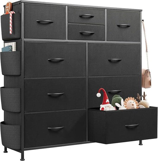 WLIVE 10 Drawer Black Fabric Dresser for Bedroom, Side Pocket & Hooks Chest | Fabric chest of drawers, steel frame, side pockets & hooks. Sleek modern storage for bedroom, closet, living room.