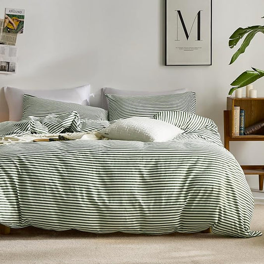 JELLYMONI 100% Cotton Classic Striped King Duvet Cover Set, Green/White | Breathable Softness, Oeko-Tex Certified, Classic Stripes, 8 Corner Ties & Double Hidden Zipper