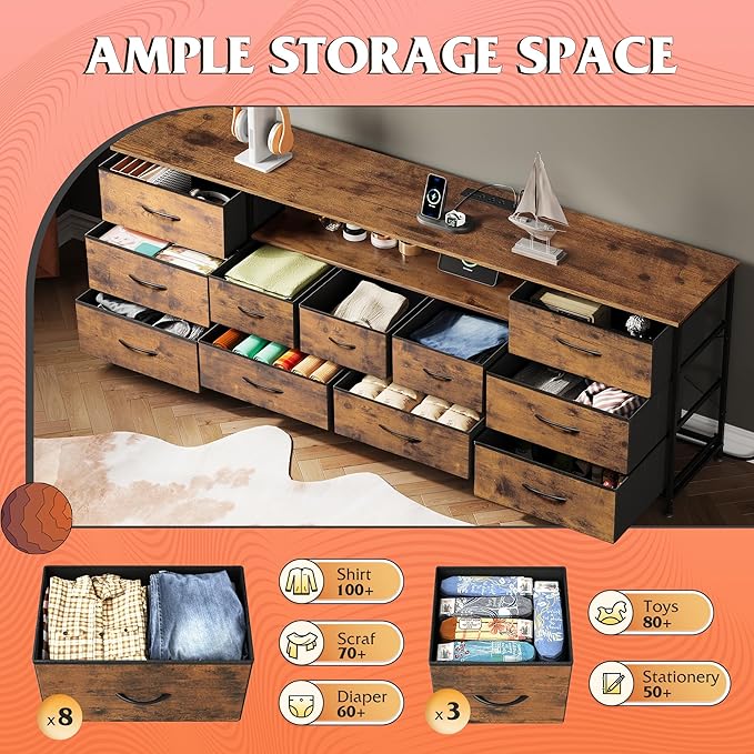 WLIVE Dresser TV Stand for 85 Inch TV, 11 Drawer LED Dresser, Rustic Brown | Fits TVs up to 85 inch, 11 fabric drawers, Built-in power outlet, Chest of drawers, Living room or bedroom