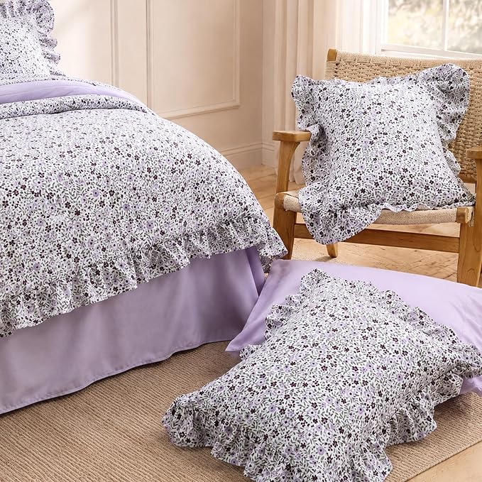 Queen Comforter Set-7 Pieces Floral Ruffle Bedding Set | Violet Ditzy Bed in a Bag, Soft Lightweight All Season Farmhouse Queen Bedding Sets with Sheets, Pillowcases & Shams
