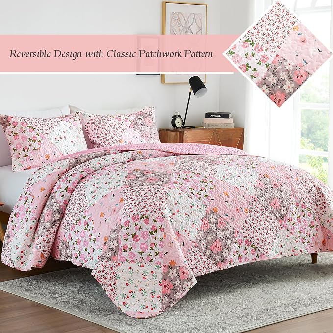 Whale Flotilla Patchwork Quilts Queen Size, Extra Soft Floral Bedspreads | Pink Reversible Lightweight Full Queen Quilt Bedding Set for Bed, Printed Coverlets with 2 Pillow Shams for All Seasons