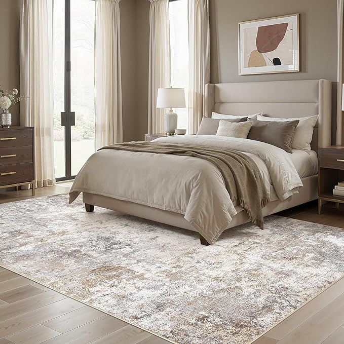 UERMEI 10x14 Area Rug Living Room Rugs Washable Neutral Brown Grey Carpet | Modern Abstract Non-Slip Soft Large Low Pile Floor Rugs for Bedroom Dining Room Home Office Indoor Decor