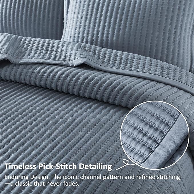 WDCOZY Dusty Blue Queen Size Quilt Set, Striped Pick Stitch Bedspread | Lightweight Soft Channel Coverlet, Spring Summer Thin Comforter, Farmhouse Rustic Country Bedding