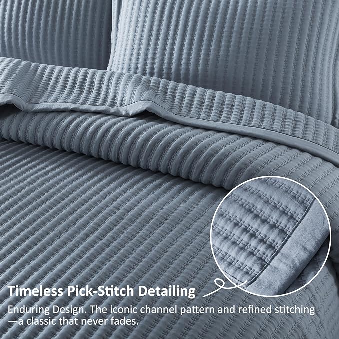 WDCOZY Dusty Blue Twin Size Quilt Set, Striped Pick Stitch Bedspread | Lightweight Soft Channel Coverlet, Spring Summer Thin Comforter, Farmhouse Rustic Country Bedding