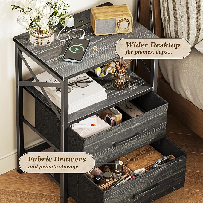 Huuger Nightstand Set of 2 with Charging Station, USB-C Port, End Tables | Night Stand with 2 Drawer Side Table with Open Shelf, Bedside Table for Small Spaces, X Shaped Side Rail, Charcoal Black