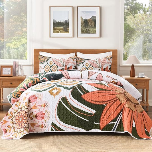 Andency Oversized King Quilt Set Pink, 120x120 Floral Super King Bedspread | 3 Pieces Blush Boho Flower Botanical Summer Bedspreads with 2 Shams, Reversible Polyester Coverlet Set for All Seasons