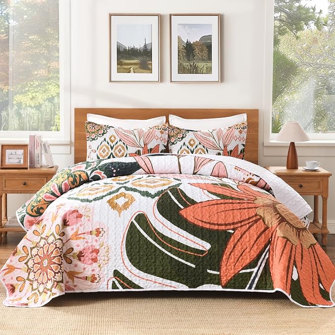 Andency Quilt Queen Size, Pink Floral Boho Summer Bedspread 3 Pieces | Blush Flower Botanical Summer Bedspreads with 2 Shams, Reversible Polyester Coverlet Set for All Seasons, 96"x90"