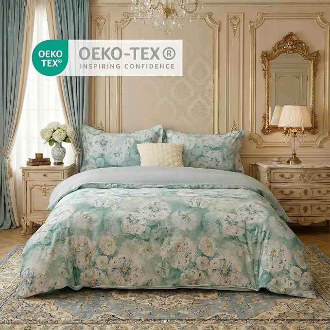 HeimenAogo Egyptian Cotton Duvet Cover Queen Size Sateen Weave, Silky Soft Duvet Cover with Zipper Closure, Long Staple Cotton Bed Linen Watercolor Floral 3 Pcs