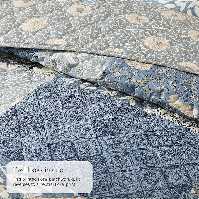 King Quilt Set-3 Pieces Soft Bedding Lightweight Floral Patchwork Coverlet | All Seasons Quilts Queen Size for Bed, 1 Quilt (106" x 94") and 2 Shams (20" x 36"), Vintage Bedspread, Blue