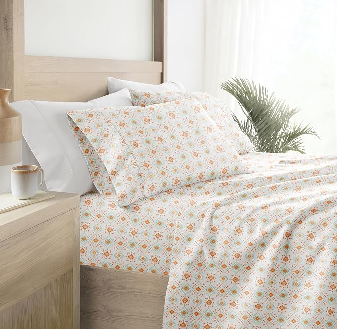 Linen Market Patterned Microfiber Queen Sheet Set 4 Piece – Oeko-TEX Certified Ultra Soft & Wrinkle-Free - 16" Deep Pocket Sheets - Easy Care Queen Size - Aztec Dreams Coral