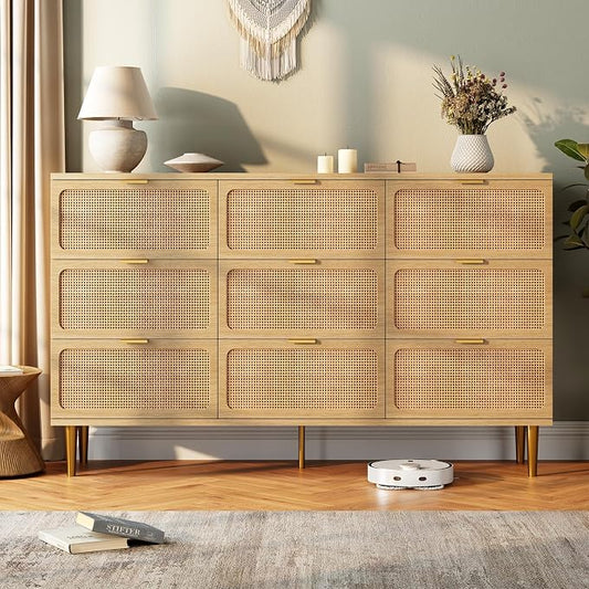 GarveeHome Rattan 9 Drawer Dressers for Bedroom, Deep Drawer, Natural | Tall Dresser, Wide Top, for Living Room, Hallway, Kids Room, Large Chest of Drawers for Closet, Long Wooden Dresser