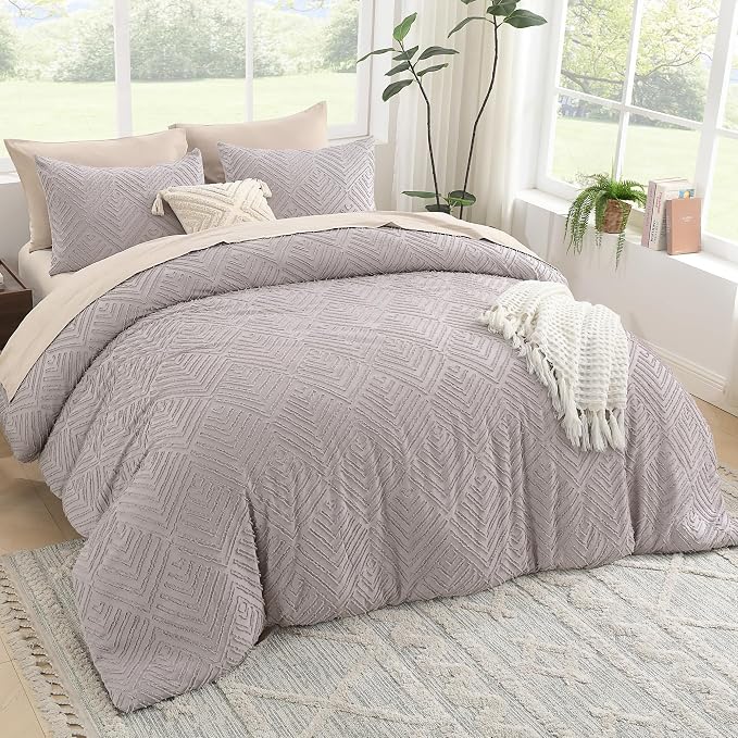 Litanika Queen Size Comforter Set, 3 Pieces Tufted Boho Bedding Set | Milk Coffee Farmhouse Shabby Chic Vintage Bohemian Textured Aesthetic Soft Fluffy Lightweight Breathable All Season Bed Set