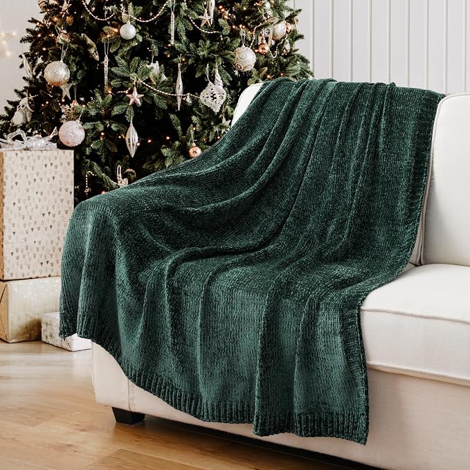 Dark Green Throw Blanket, Chenille Throw Blanket for Couch Bed 51"x67" | Shiny Chenille Blanket, Christmas Green Knit Throw Blanket, Soft Warm Chenille Knitted Blanket for Home Decor