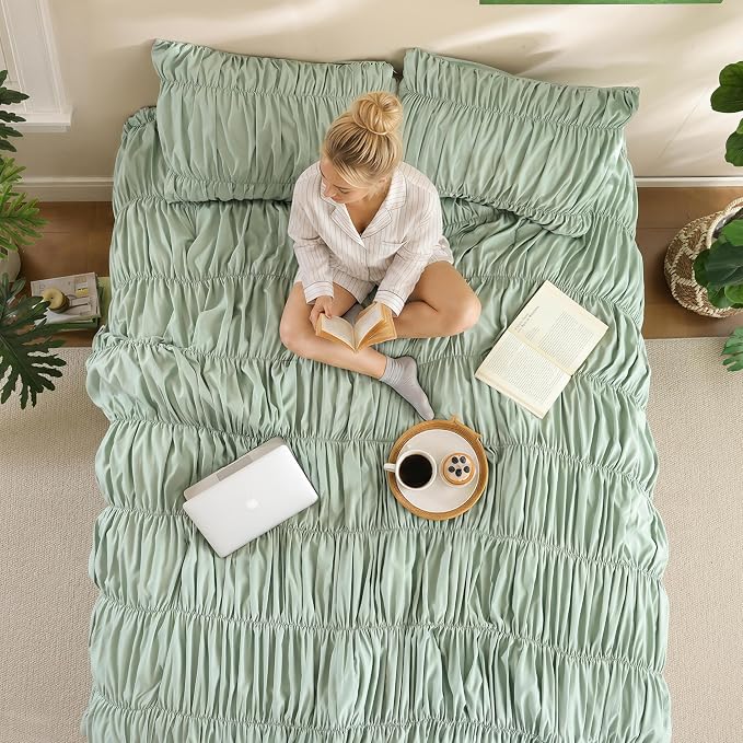 weigelia Sage Green Ruched Comforter Set King Size, Cute Bedding Set | All Season, Soft Microfiber Comforter, Cozy Cinched Design for Home & Bedroom Decor (1 Comforter,2 Pillowcases)
