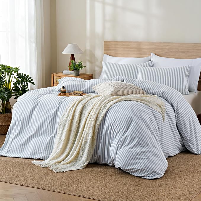 TOCOMOA Blue Striped Duvet Cover Set 100% Washed Cotton Like Linen, King | Linen-Like Feel Soft, Breathable & Comfy for All Season. Lightweight Bedding Set with Zipper & 8 Ties. 3 Pcs, No Insert