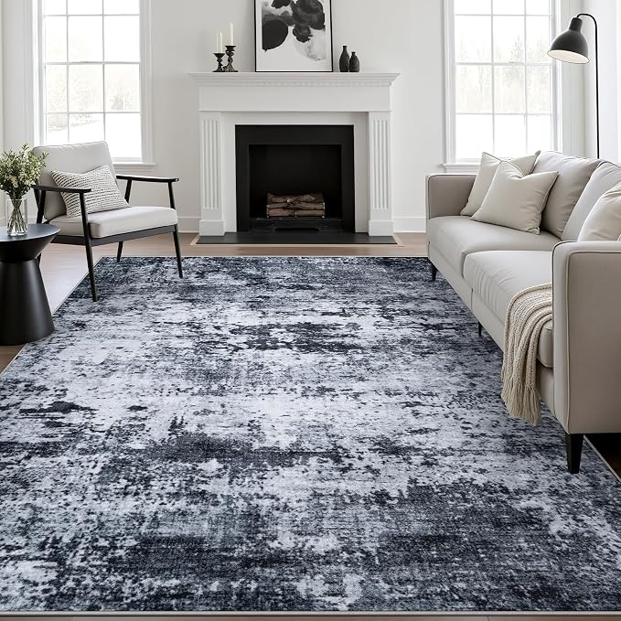 9x12 Area Rug Living Room: Modern Washable Indoor Carpet Black | For Bedroom Dining Room Farmhouse Nursery Hallway Office,Modern Abstract,Machine washable,Non-Slip,Stain Resistant,Indoor