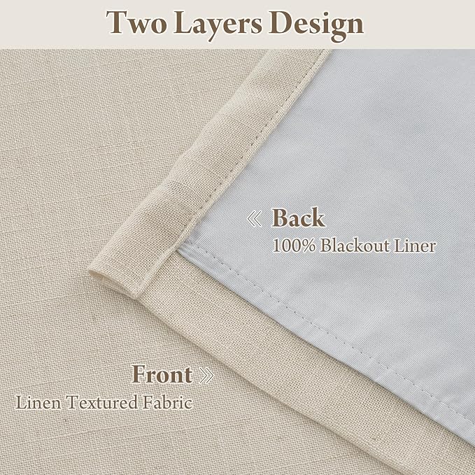 RYB HOME Natural Pinch Pleated Linen Curtains, 100% Blackout Thermal Insulated Double Layer Textured Curtains for Sliding Glass Door Picture Window, Beige, 40" W x L90 L, 2 Panels Set