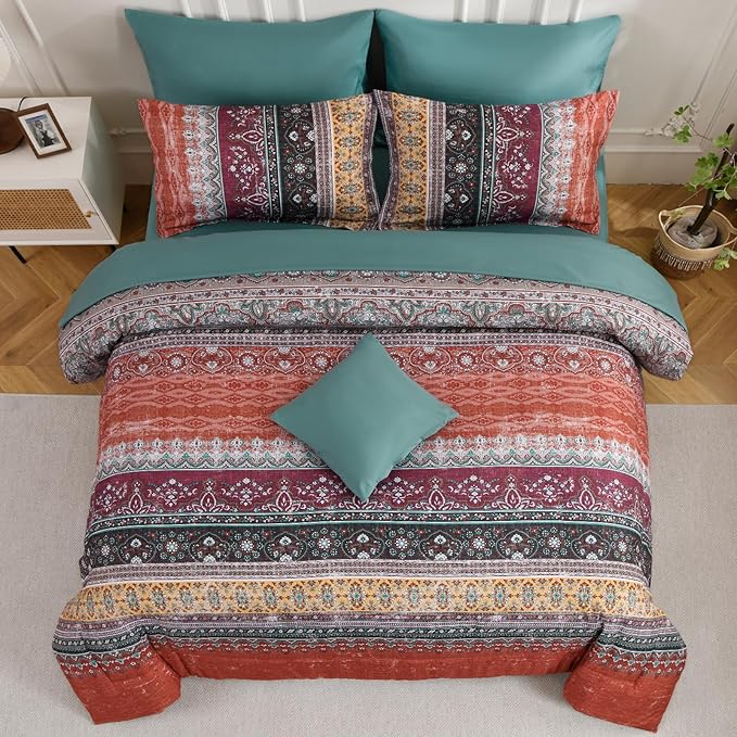 Cottolester Boho Full Comforter Set 8 Pieces,Orange and Green Bohemian Striped Bed in a Bag, Paisley Soft Microfiber Bedding Comforter Set