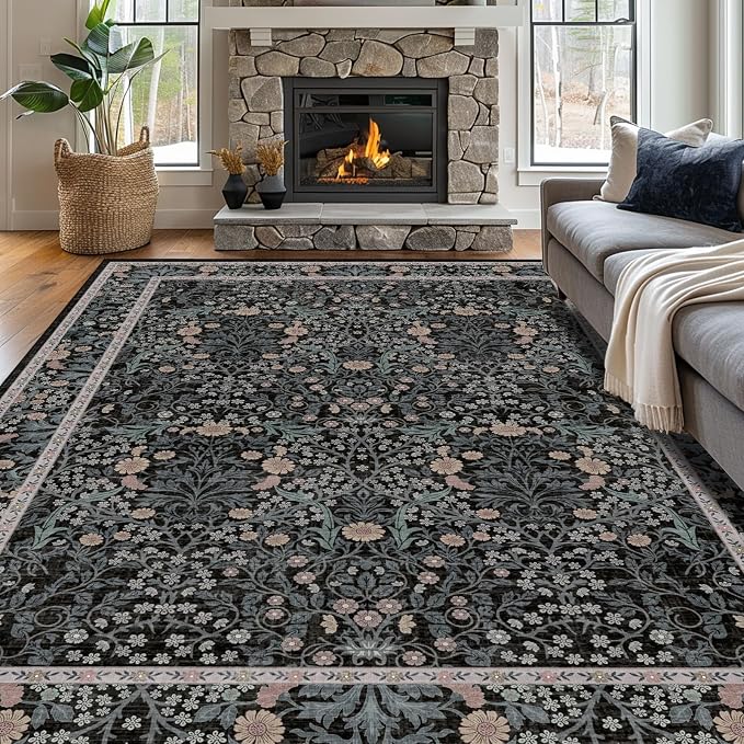 Vintage Black Living Room Rug, 9x12 Washable Area Rugs for Dining Room Under Table, Soft Low Pile Large Carpet Bedroom, Non-Slip Boho Floral (9 x 12 Black)