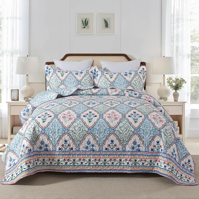 Quilt Set King Size, Bedspread Sets Elegant Floral, Reversible Quilt Bedding Set Lightweight and Breathable for All Seasons, Soft Quilted Bedspread with 2 Pillow Shams