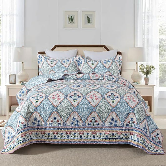 Quilt Set King Size, Bedspread Sets Elegant Floral, Reversible Quilt Bedding Set Lightweight and Breathable for All Seasons, Soft Quilted Bedspread with 2 Pillow Shams