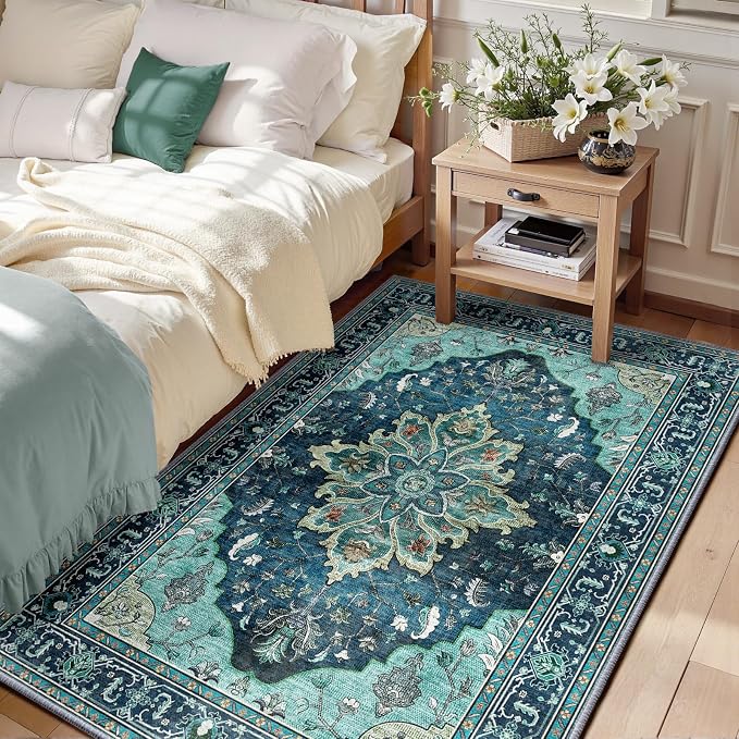 RELEANY Washable Area Rug, 3'x5', Teal | Non-Slip, Water Repellent, Pet Friendly, Easy to Clean, Vintage Floral Boho Decor for Living Room Bedroom Beside Kitchen
