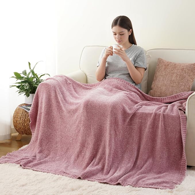 Pink Throw Blanket for Couch, Soft Chenille Throw Blanket 51"x67" | Shiny Chenille Blanket, Cozy Brethable Knit Throw Blanket for Bed Sofa Home Decor