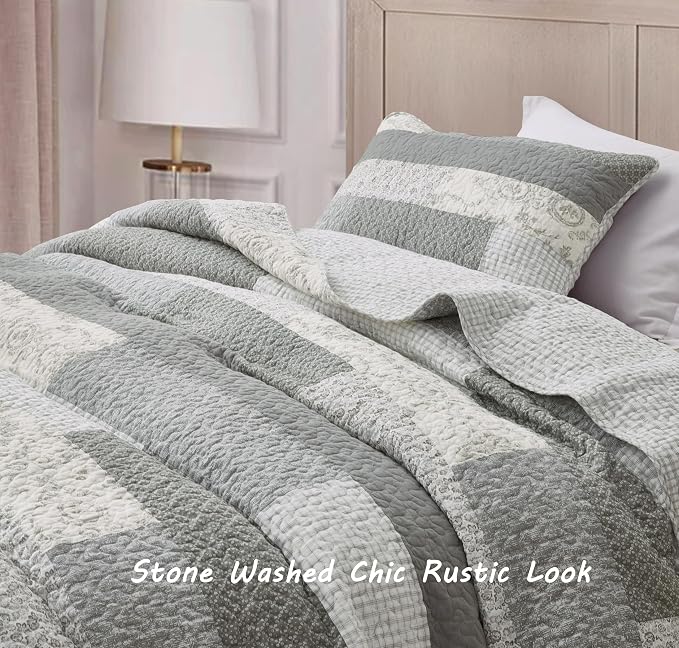 Chezmoi Collection Caleb 3-Piece Muted Gray White Ivory Floral Plaid Rectangular Patchwork Quilt Set - Pre-Washed Cotton Quilted Lightweight Reversible Bedspread for All Seasons, King Size