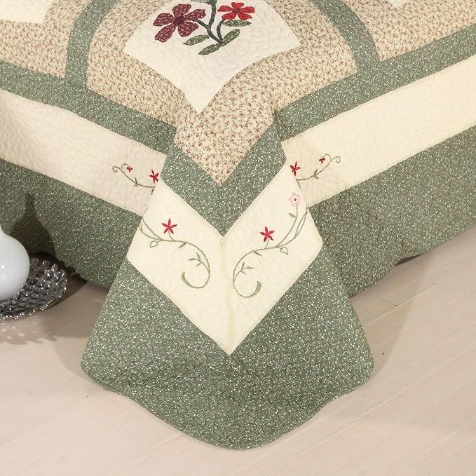 vctops Farmhouse Green 2 Piece Embroidered Floral Quilted Bedspread Quilt Set 100% Cotton Reversible Patchwork Coverlet Set 1 Quilt and 1 Pillow Sham (Green,Twin)