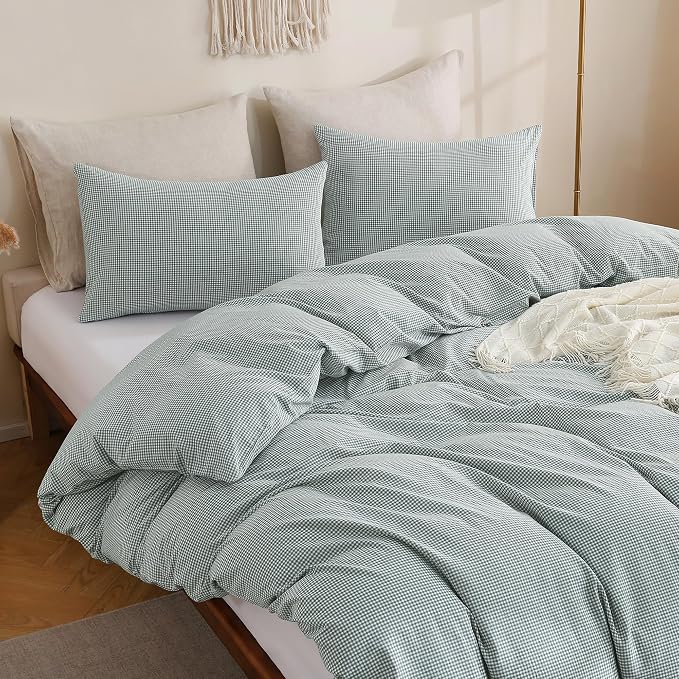 TOCOMOA Mini Gingham Green Duvet Cover Set Washed Cotton Like Linen, King | 100% Washed Cotton Linen-Like Feel Soft, Breathable & Comfy. Lightweight Bedding Set with Zipper & 8 Ties. 3 Pcs, No Insert