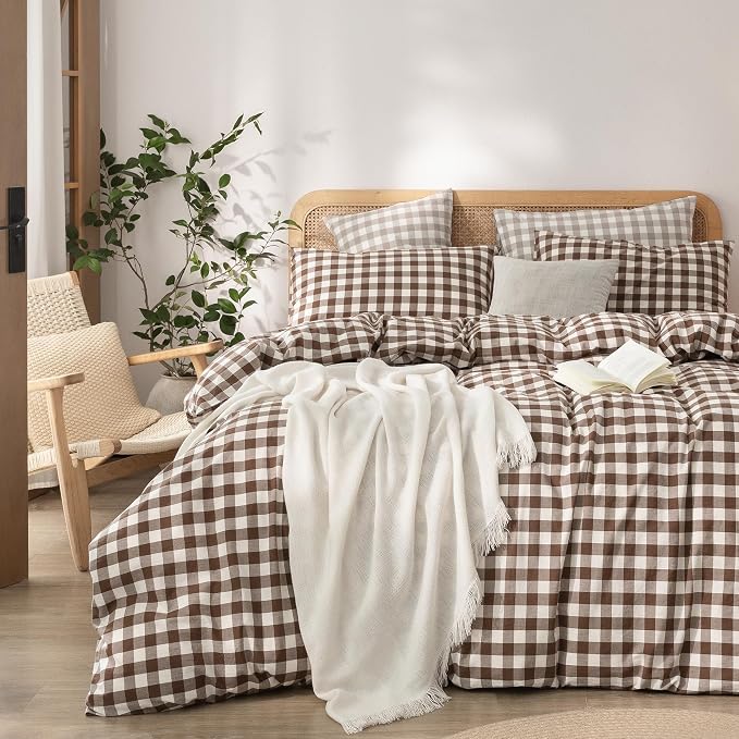 BESTOUCH Gingham Cotton Duvet Cover Set Cocoa Brown Oversized Full | Washed Cotton, Linen Feel, Soft Wrinkle Texture, Hidden Zipper, 8 Ties, Breathable Lightweight Durable Comfy, 3 Pcs No Insert