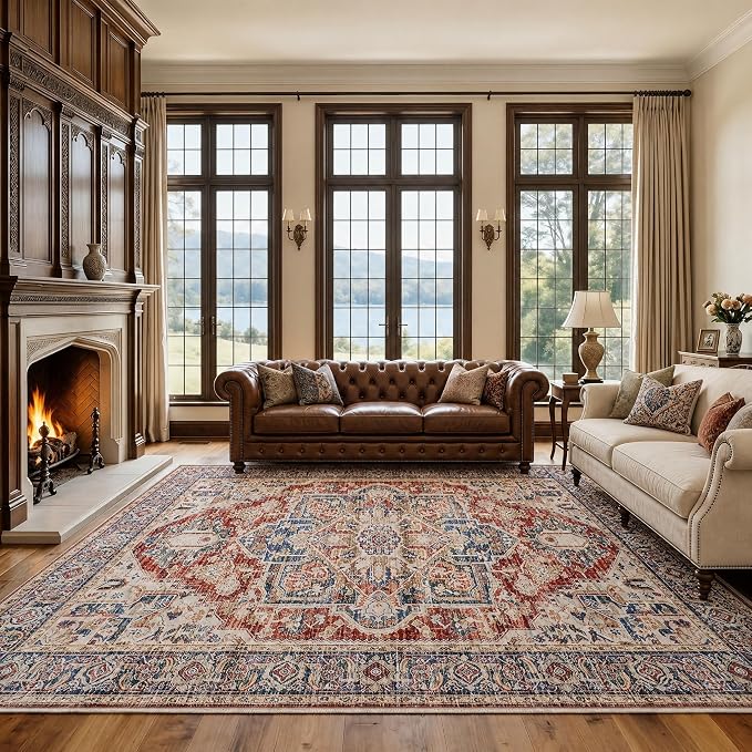 AMADA HOMEFURNISHING 9x12 Washable Area Rug, Low-Profile Large Area Rug with Non-Slip Backing & Durable Edge Binding, Vintage Large Rugs for Living Room, Bedroom & Dinning Room