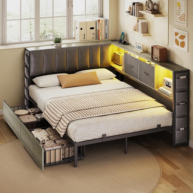 MapleGrace Full Corner Bed Frame with Upholstered Storage Headboard and Drawers, Metal Platform Bed Frame with LED Light and Charging Station, Full Daybed for Living Room, Bedroom & Guest Room, Gray